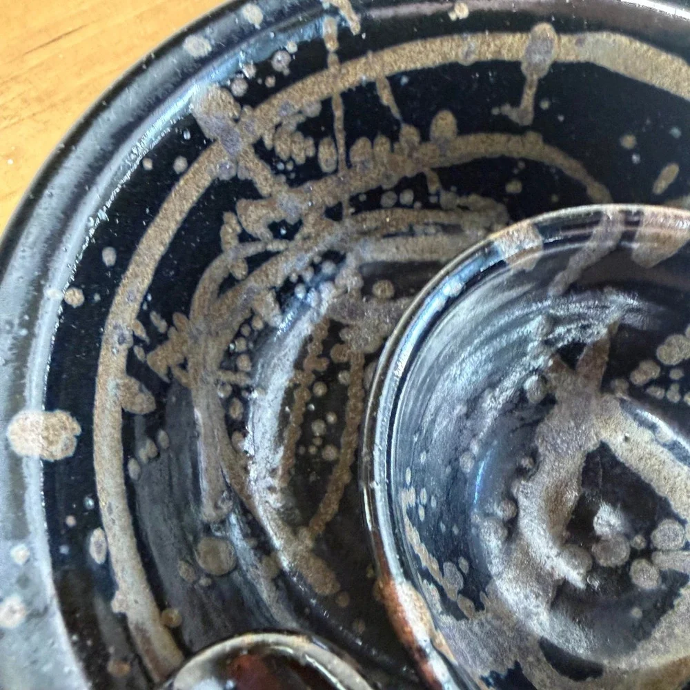 Jepson Handmade Ceramic Chip and Dip Bowl Set Blue Tan Splatter Stoneware